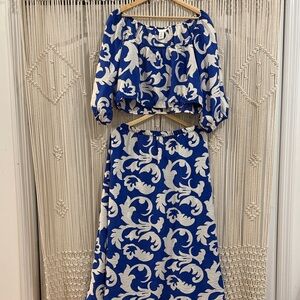 H&M NWT Blue and Cream Maxi A-Line Skirt Set